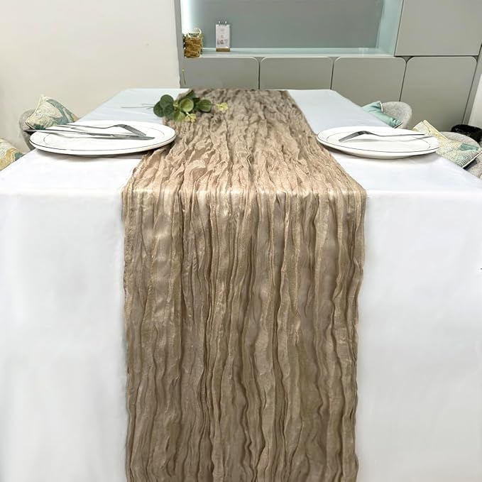 Booque Valley Nude Cheesecloth Table Runner 120 Inch 10ft Super Soft Boho Wrinkled Gauze Sheer Cloth for Baby Shower Birthday Bridal Shower Wedding Centerpiece Table Decoration, 3 Pack, Tan