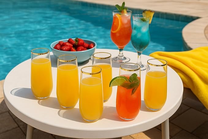 24 piece pack 9 oz Champagne Flutes Stemless Disposable cups Unbreakable Crystal Clear Plastic Mimosa Glasses Set of 24 ideal for Wedding Birthday (9 Ounce - Gold Rim)