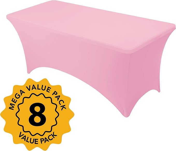8-Pack Premium Pink Spandex Tablecloths for 6ft Rectangle Tables, Stain & Wrinkle-Resistant, Washable Stretch Polyester Fitted Table Cover for Weddings, Banquets, Trade Shows Events