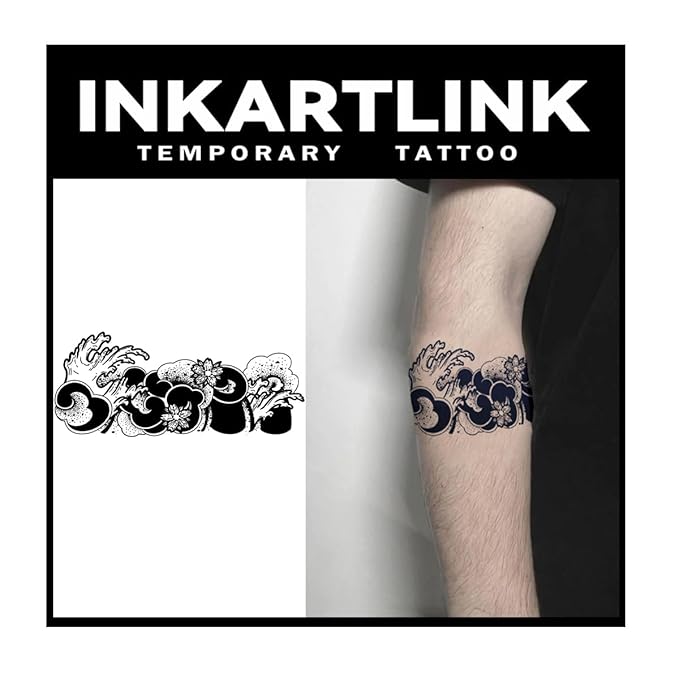 INKARTLINK Tattoo Tech, 2 Sheets Large Semi Permanent Tattoo, Adult Art Design Temporary Tattoos, Lasts 1-2 Weeks, Waterproof, Realistic Look, No Adhesive, No Reflection (Wave Armlet Design)