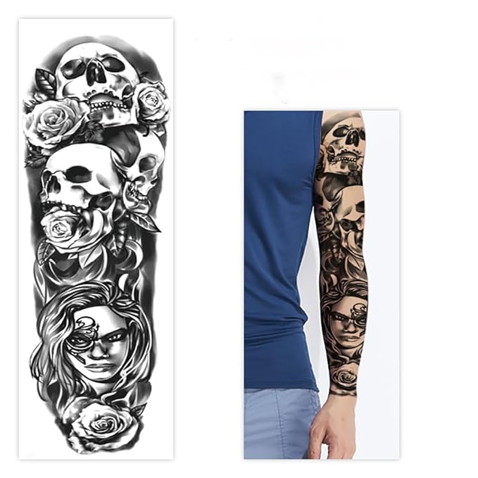 Skull Sleeve Tattoos Fake Totem Full Arm Tattoos Halloween Full Sleeve Tattoo Stickers for Women Men, 10-Sheet