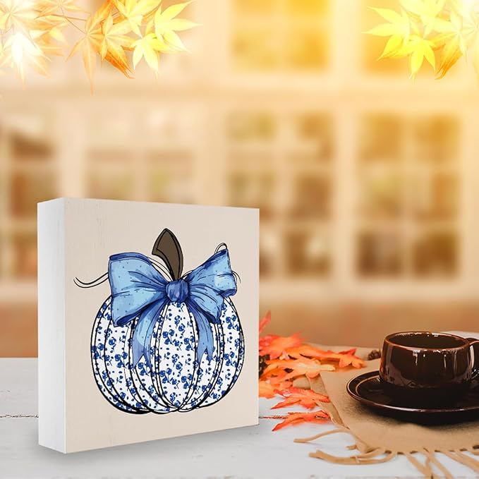 Cute Fall Decor Blue Floral Pumpkin Fall Decorations for Home Office Thanksgiving Autumn Pumpkin Decor Funny Autumn Decorations for Desk Table 5 x 5 inches