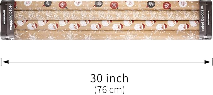 RUSPEPA Christmas Wrapping Paper, Kraft Paper - Santa Claus, Snowflake, Christmas Ball and Merry Christmas - 4 Rolls - 30 inches x 10 feet per Roll