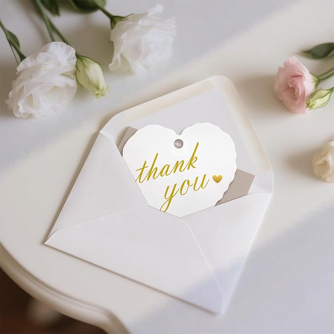 50pcs Gold Foil Thank You Tags with String, Pre-Punched Hole Gift Tags with String - Perfect for Weddings, Baby Showers, Parties, Celebrations - Thanks You (2.36"*2.16")