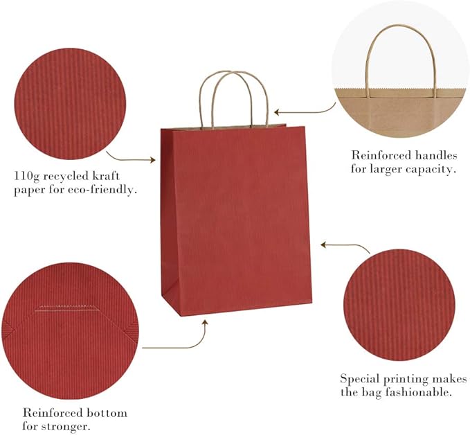 BagDream Gift Bags 8x4.25x10.5 Inches 25Pcs Red Kraft Paper Gift Bags with Handles Bulk, for Retail, Merchandise, Shopping, Recycled Paper Sacks