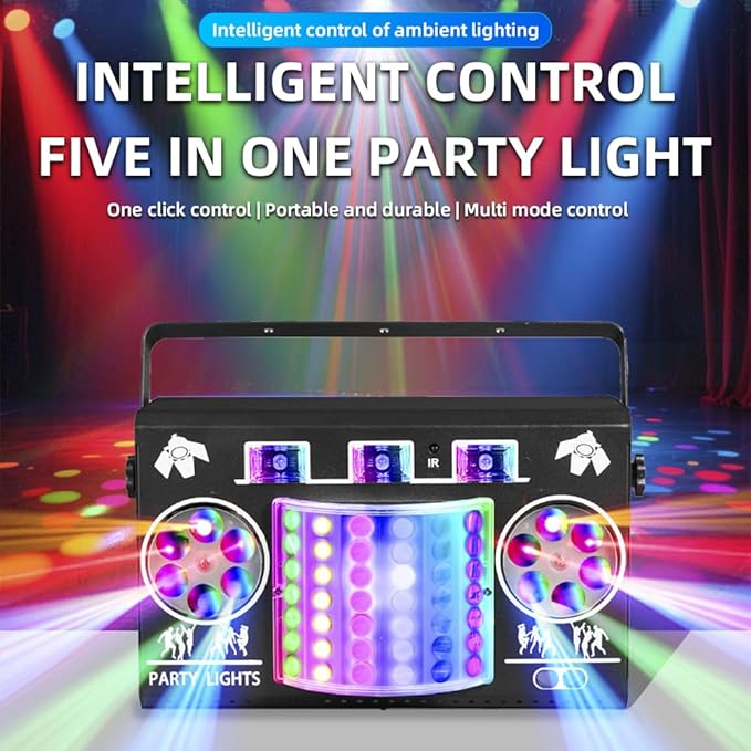 Party Lights DJ Disco Ball Light 5-in-1 Laser Strobe Projection Light DMX Control Sound Activation and Remote Control Live Performance Family Gathering, Club, bar, Karaoke, Birthday Holiday Carnival