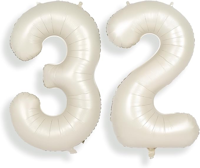 SUWEN 40 Inch Large Cream White 32 Balloon Numbers Big Foil Helium Number Balloons 0-9 Jumbo Happy 32nd Mylar Birthday Party Decorations for Women or men 23 Anniversary Party Supplies