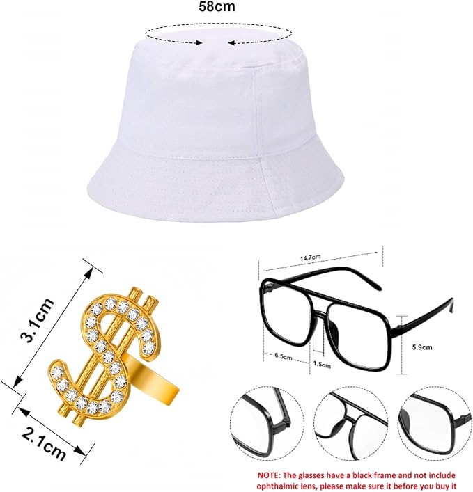 Gejoy Hip Hop Costume Kit 80s 90s Rapper Accessories Outfit for Men Women Sunglass Hat Chain Ring Halloween Party Decoration