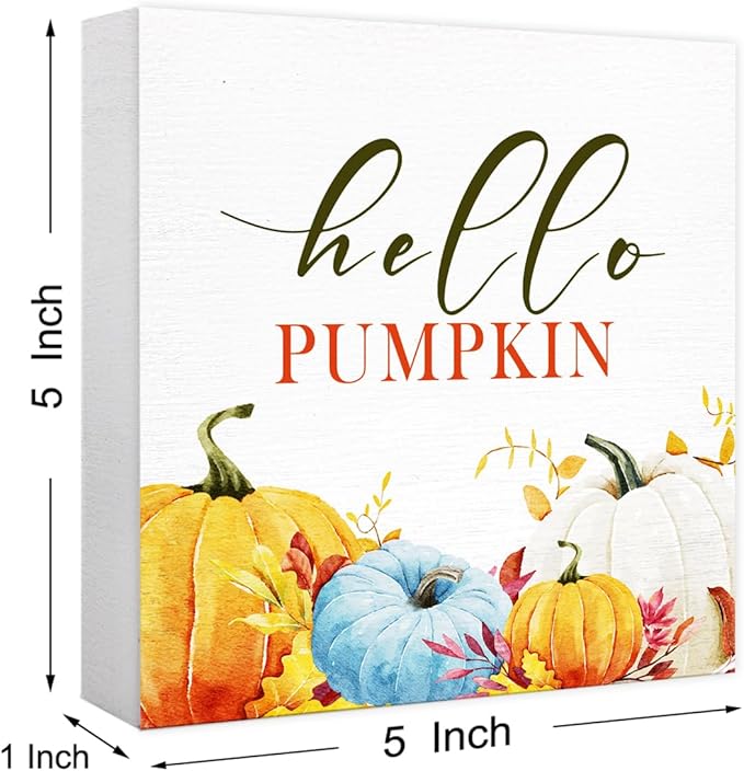 Funny Autumn Wood Box Sign Hello Pumpkin Wooden Block Desk Decor for Home Office Kitchen Cubicle Table Shelf Tabletop,Farmhouse Fall Sign Decor