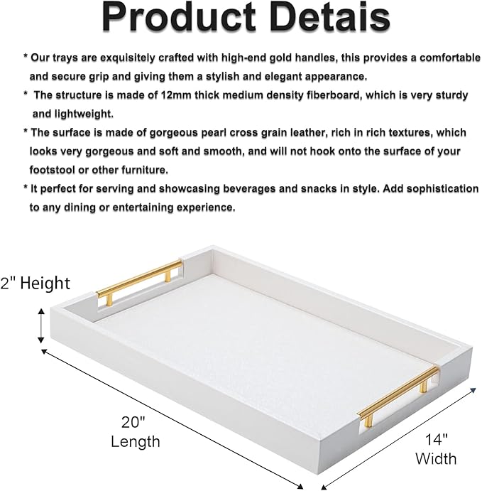 White Leather Decotative Coffee Table Tray,Modern Large Ottoman Tray Rectangle Serving Tray with Handles for Living Room Party