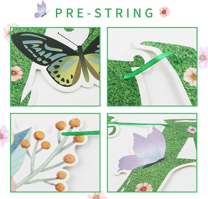 SUNBEAUTY Summer Wildflower Happy Birthday Banner Green Spring Butterfly Flowers Banner Summer Spring Butterfly Birthday Garland Sign Party Decorations Set | Pre-Strung