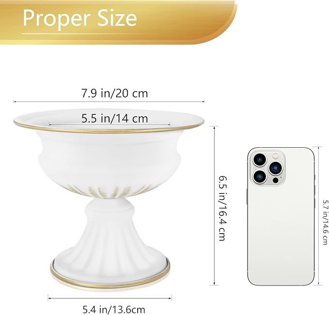 White Wedding Vases for Centerpieces: Small Flower Vase for Tables - 6.5 Inch Metal Compote Bowl Urn Pedestal for Party Anniversary Event Home Decor Set of 2