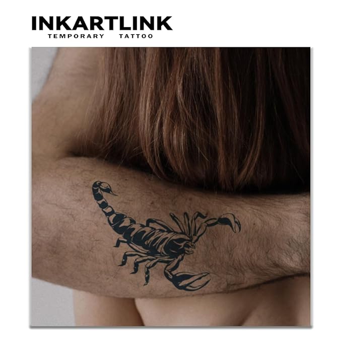 INKARTLINK Tattoo Tech, 2 Sheets Medium Semi Permanent Tattoo, Adult Art Design Temporary Tattoos, Lasts 1-2 Weeks, Waterproof, Realistic Look, No Adhesive, No Reflection (Scorpion Design)