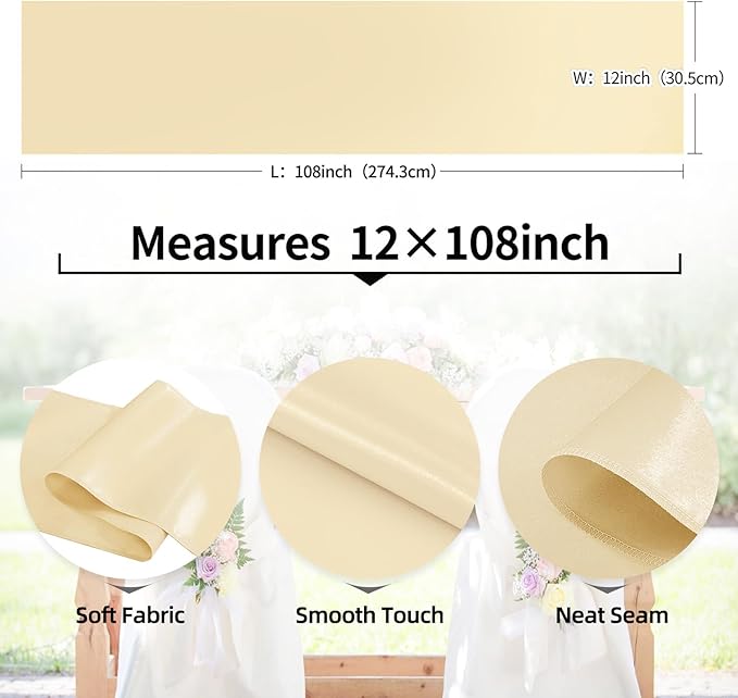 5-Pack Satin Table Runner Champagne 12 x 108 Inch Long Silk Satin Table Runners for Wedding,Graduations,Engagements,Birthday Party and Banquet Decoration（5 Pack, 12x108 Inch, Champagne）