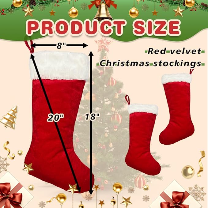 6 Pieces Large Christmas Stockings 20Inch Traditional Soft Classic Red Plush Xmas Stocking for Family Holiday Decorations Xmas Tree Fireplace Mantel Décor Merry Christmas(Red-Velvet-Large)
