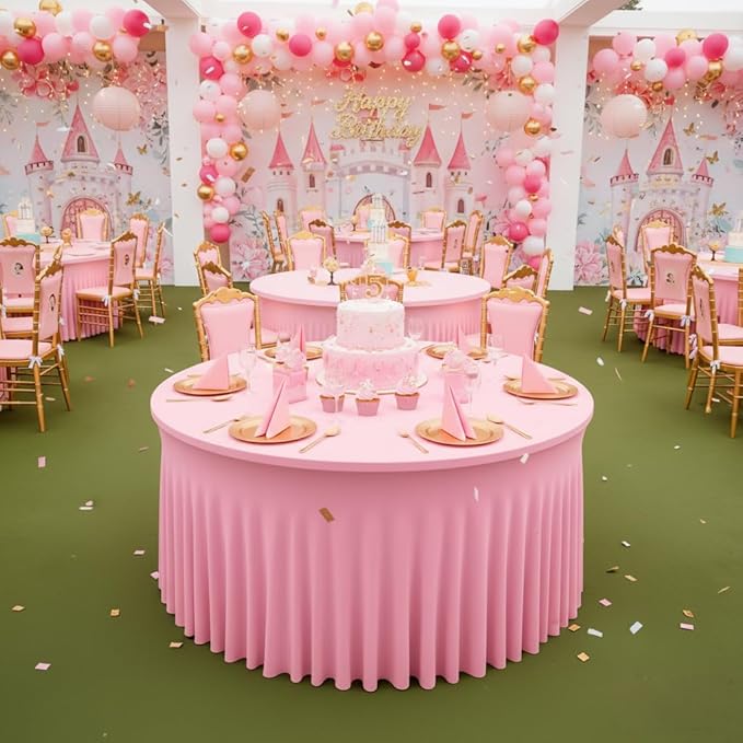 HolidayIdeas 60 Inch Pink Spandex Round Table Skirts,Fitted Stretch Tablecloths for Round 5 ft Table, Wrinkle-Free Ruffle Design Tablecloths for Banquets,Trade Shows, Parties, Events, 6 Pcs