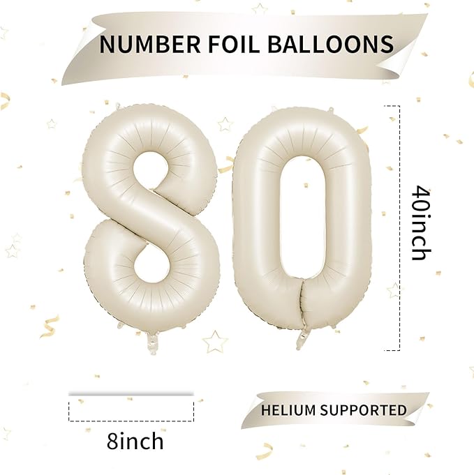 Biapian 40 Inch Cream Number 80 Balloon, 80th Birthday Balloons, Big Digital 80 Beige White Giant 80 Foil Balloon Helium for Men Women 80th Birthday Decorations Anniversary Baby Shower Party Supplies