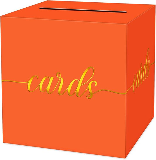 1 Pack Orange and Gold Foil Card Box for Party, 8.7" Orange Gift Card Box for Birthday, Wedding, Baby Shower, Retirement, Anniversary, Graduation, Raffle Ticket, Halloween, Thanksgiving