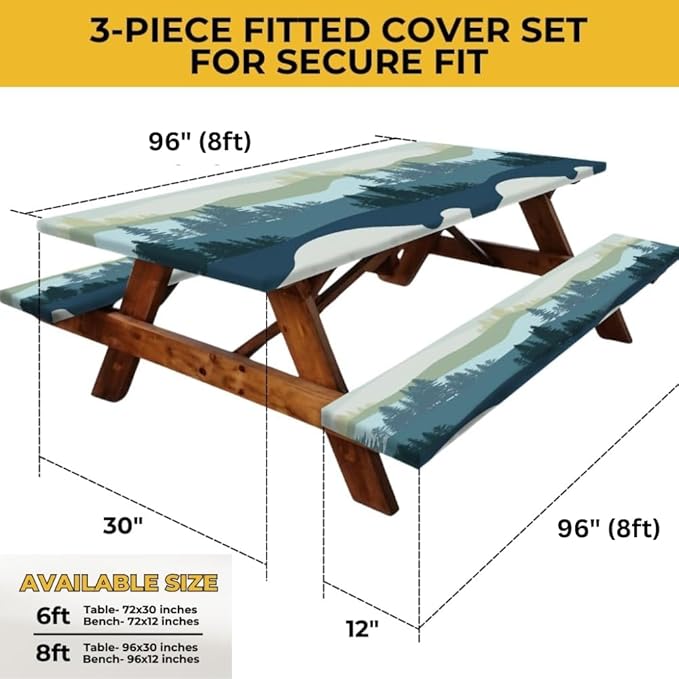 RNOONY 8ft Polyester Picnic Table Cover with Bench Covers Windproof & Waterproof Tablecloth, Perfect for Camping Gifts & RV Essentials, Cool Camping Gadgets, with Carrying Bag, 96x30 Inches, 4Pcs,Blue