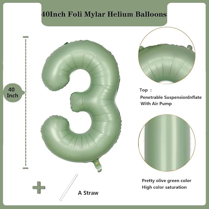 40 Inch Green Number Balloon 3 Olive Green Foil Balloon Sage Green 3 Balloons Mylar Helium Balloon for Birthday Party Decorations Girls Boys Baby Shower Wedding Anniversary Decoration (Number 3)