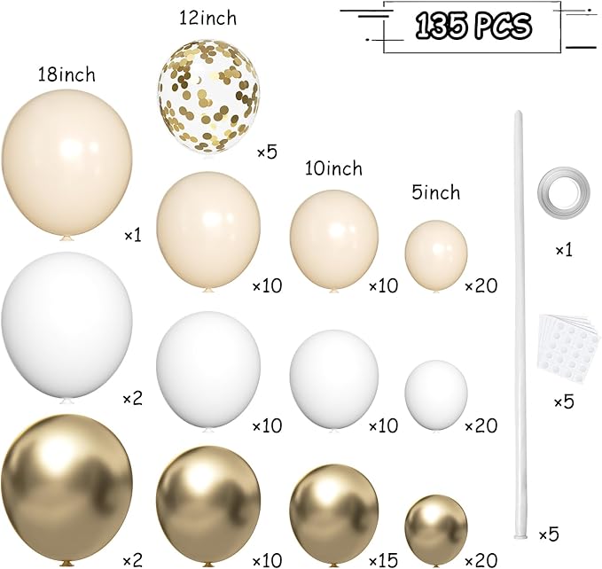 140 Pack Gold Apricot White Balloons Garland Arch Kit for Birthday Shower Graduation Wedding Halloween Christmas Party Decoration