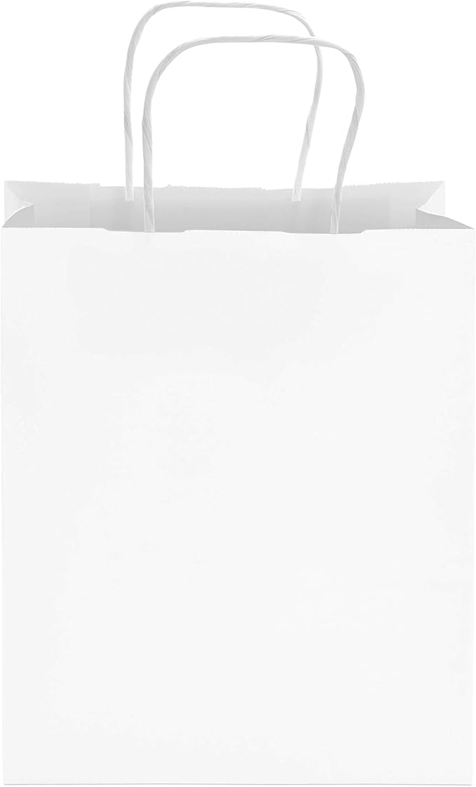 Prime Line Packaging White Paper Gift Bags, Kraft Gift Bags with Handles for Small Business, Boutique, Retail, Shopping, Birthdays, Favors, Bulk, 8x4x10, 400 Pack