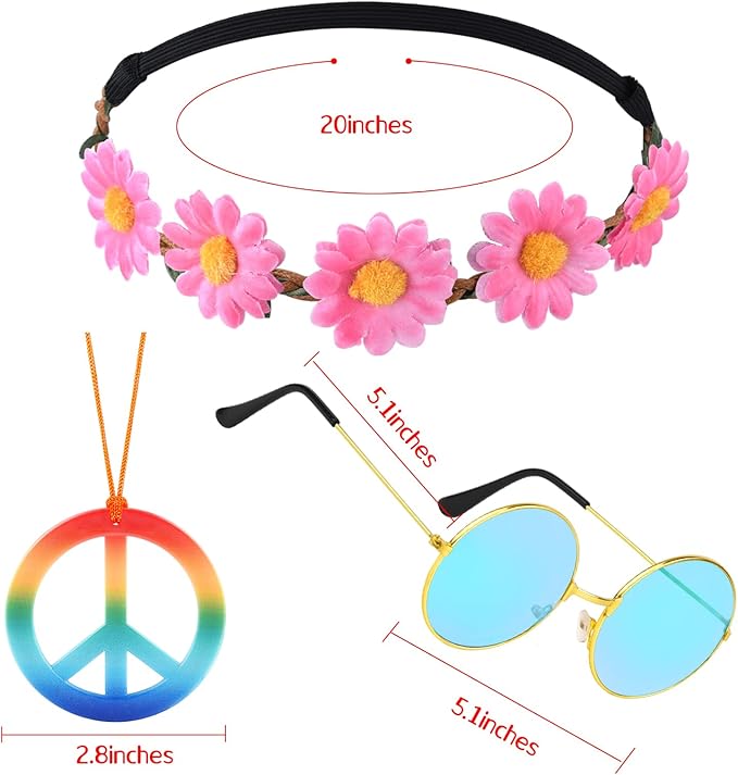 CHRORINE 24 Pcs Hippie Costume Accessory Set for Hippie Party Decorations Includes Flower Headbands Round Hippie Sunglasses Peace Sign Necklace