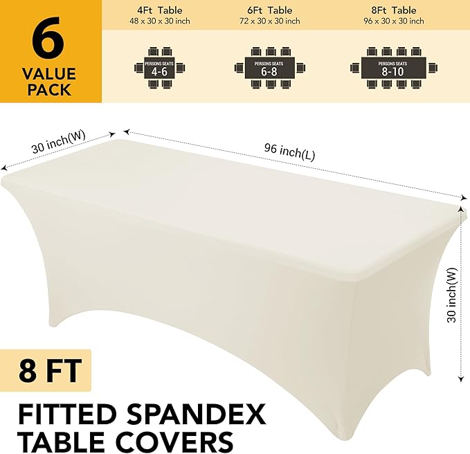 6-Pack Premium Cream Spandex Tablecloths for 8ft Rectangle Tables, Stain & Wrinkle-Resistant, Washable Stretch Polyester Fitted Table Cover for Weddings, Banquets, Trade Shows Events