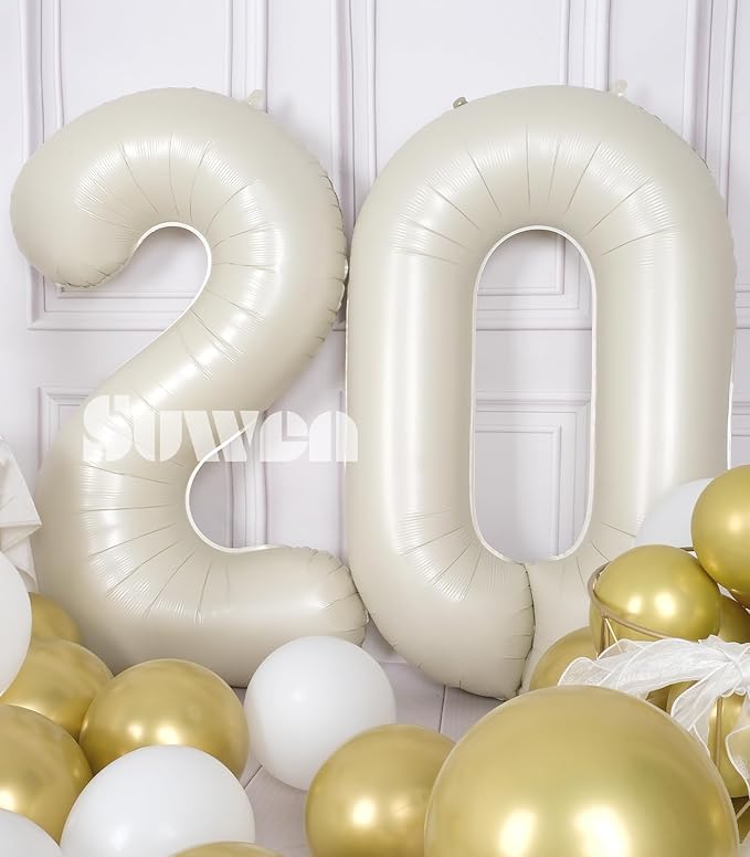 SUWEN 40 Inch Cream White Large 20 Number Balloons Big Foil Helium Number Balloons 0-9 Jumbo Happy 20th Mylar Birthday Party Decorations for Women or Men Anniversary Party Supplies