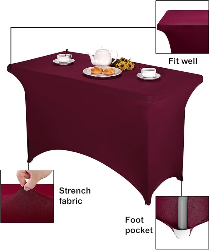 FORLIFE 2Pack Spandex Table Covers，Fitted Tablecloth for Rectangular Tables, Stretch Patio Table Covers, Universal Spandex Table Cover for Wedding, Banquet, Party (4ft, Burgundy)