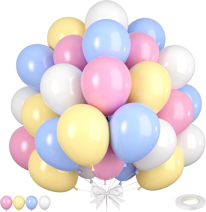 Pastel Balloons, 50pcs Pink Blue Yellow Balloons, Matte White Macaron Yellow Pink and Blue Balloon for Boy Girl Birthday Rainbow Party Baby Shower Bridal Shower Wedding Easter Decorations