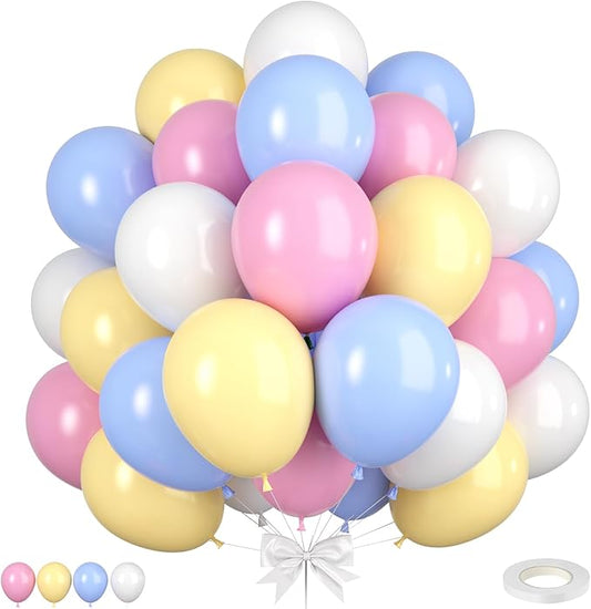 Pastel Balloons, 50pcs Pink Blue Yellow Balloons, Matte White Macaron Yellow Pink and Blue Balloon for Boy Girl Birthday Rainbow Party Baby Shower Bridal Shower Wedding Easter Decorations