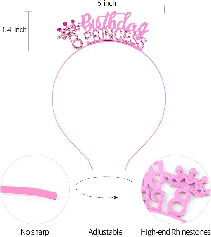 VELSCRUN 2nd 3rd 4-9th Birthday Princess Headband Pink Tiara Crown for Girls It's My Birthday Sash Party Decorations Gifts