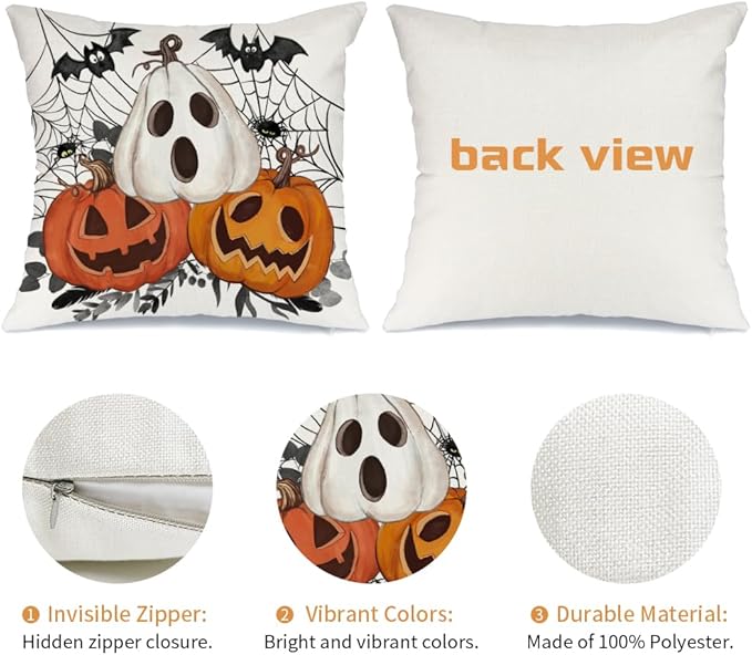 AACORS Halloween Pillow Cover 20X20 Set of 2,Pumpkin Jack-O'-Lanterns Bat Web Decoration Holiday Farmhouse Pillow Case Decor for Home Sofa Couch AA306-20-2
