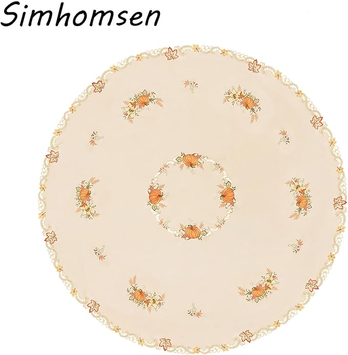 Simhomsen Large Embroidered Fall Autumn Harvest Pumpkins Tablecloth for Thanksgiving (Round 90 inches)
