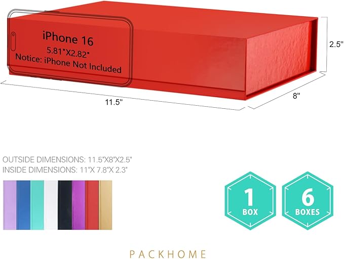 PACKHOME 6 Christmas Gift Boxes 11.5x8x2.5 Inches, Sturdy Shirt Boxes with Magnetic Lids for Multiple Occasions (Glossy Red)
