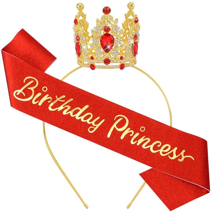 Birthday Princess Sash for Women Tiara & Crowns Headbands for Girls Happy Birthday Party Accessories Favor Supllies Leona Gold Red Pink, 2 Pack