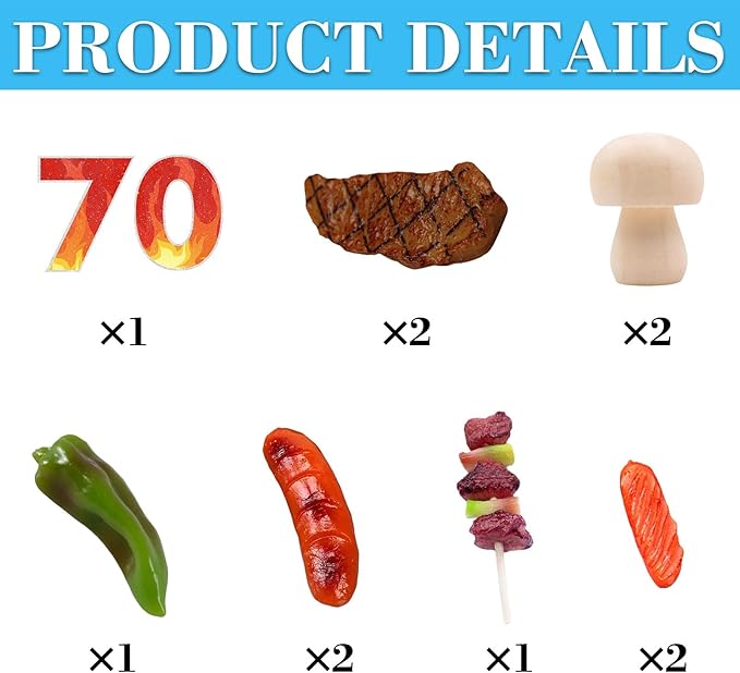9 PCS BBQ Cake Topper Happy 70 Birthday Barbecue Decorations with Artificial Kebab and Hot Dog for Boys Girls Birthday Party Picnic Camping BBQ Theme Party Supplies