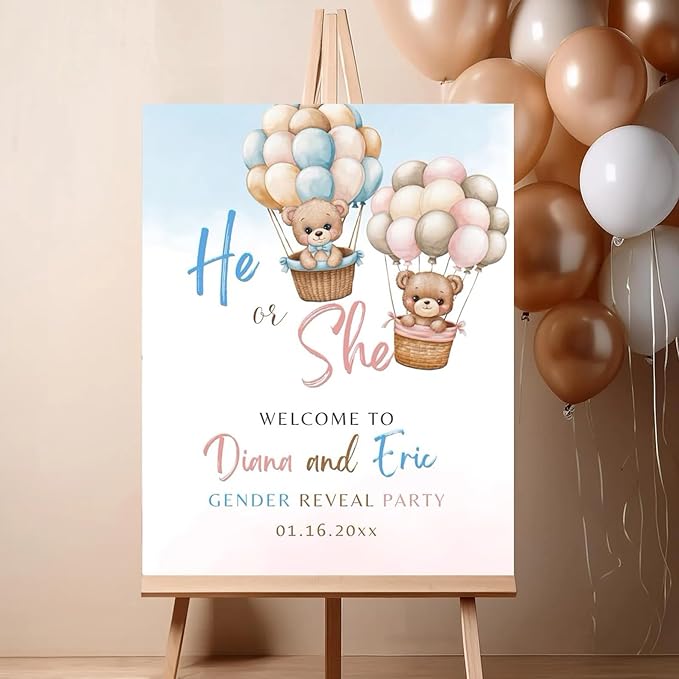 Gender Reveal Welcome Sign – Teddy Bear Balloon Theme,Personalized Teddy Bear Gender Reveal Welcome Sign, He or She Yard Sign, Boy or Girl Gender Reveal Sign, We Can Bearly Wait Gender Reveal .9
