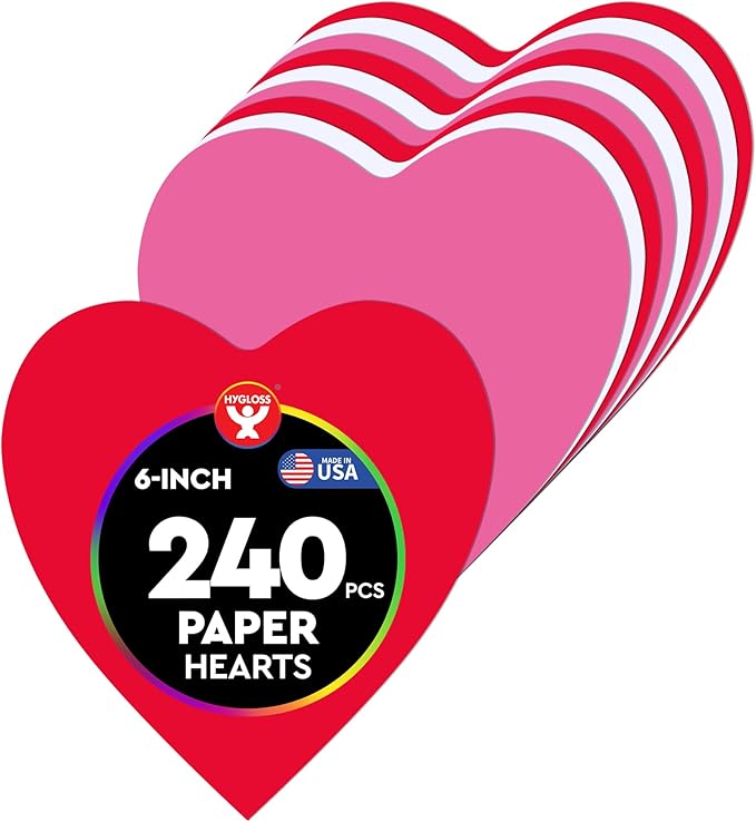 Hygloss Heart Shape Paper Cut-Outs for Arts & Crafts-Many Creative Uses-Valentine’s Day Activities-6 Inches-240 Pcs, Red, Pink & White