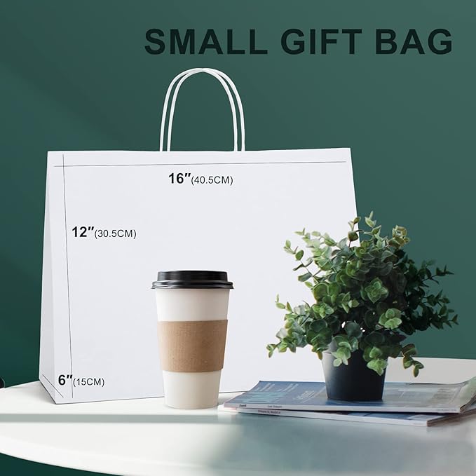 METRONIC 16x6x12 Inch White Paper Gift Bags 25Pcs, Gift Wrap Bags with Handles, Kraft Paper Bag for Small Business, Heavy Duty Bulk Bag for Birthday Party Favors, Shopping, Retail