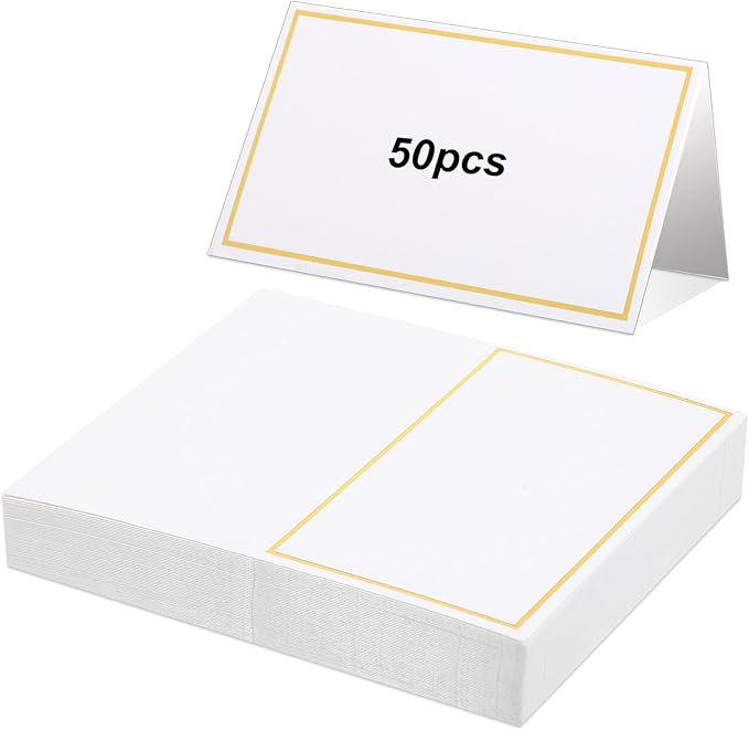 50 Pcs Place Cards for Table Setting, 2×3.34inch Table Tent Cards with Gold Foil Border, Food Labels for Party Buffet, Name Seating Cards for Weddings, Banquets, Events, Dinner Parties(White)