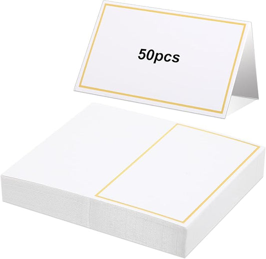 50 Pcs Place Cards for Table Setting, 2×3.34inch Table Tent Cards with Gold Foil Border, Food Labels for Party Buffet, Name Seating Cards for Weddings, Banquets, Events, Dinner Parties(White)