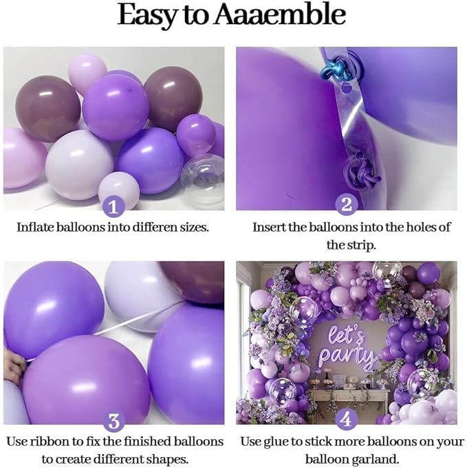 Purple Balloon Arch Garland Kit With Clear Balloons, Double Stuffed Lavender Purple Lilac Balloons for Birthday Wedding Butterfly Baby Shower Fairy Floral Flower Party Decorations