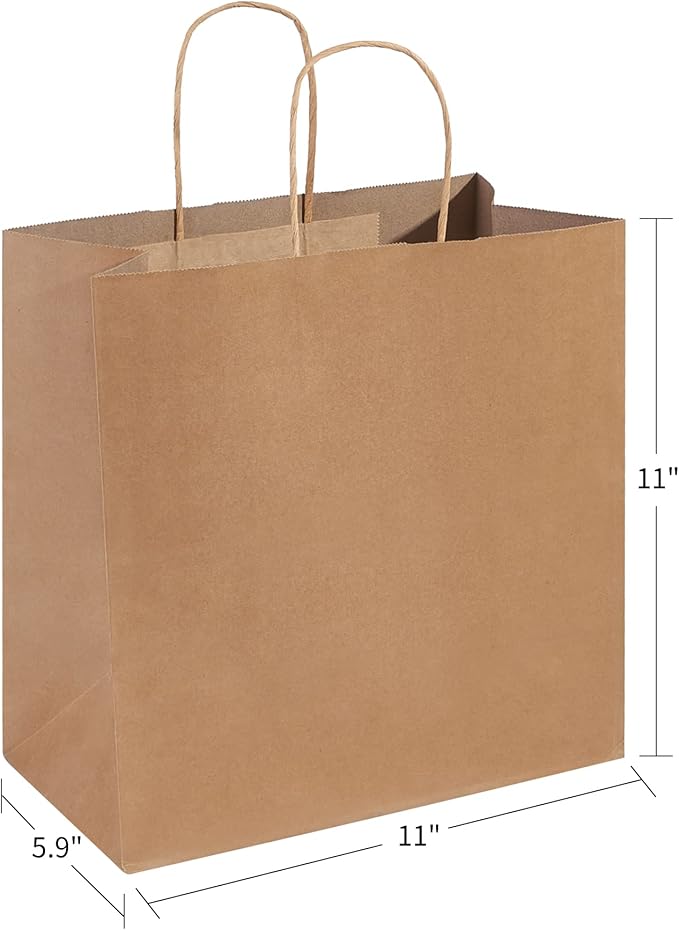 PAICUIKE 100Pcs Brown Paper Bags with Handles, Large 11x6x11 Inch Kraft Grocery Shopping & Retail Merchandise Bag, Gift Bags Bulk for Weddings, Parties, Baking