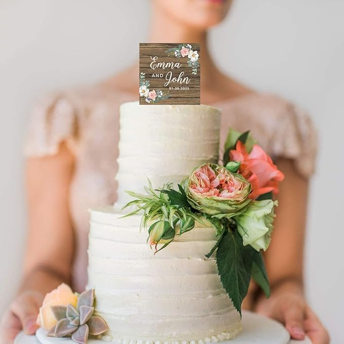 Andaz Press Rustic Wood Custom Wedding Cake Topper, Acrylic Square Personalized Couple Cake Topper