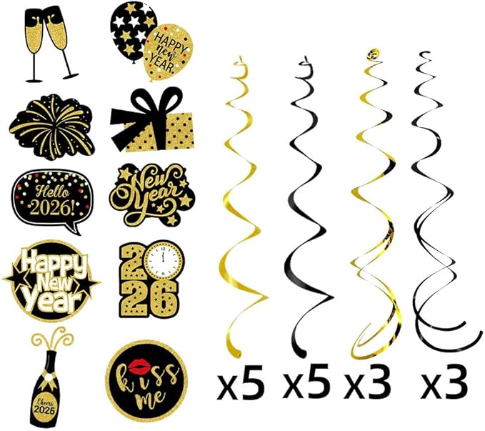 Happy New-Year’s Eve Party-Decoration Banner Garland - 16pcs Black Gold 2026 Swirl Streamers Banner, Nye Kids Hanging Supplies Decor Lasting Surprise