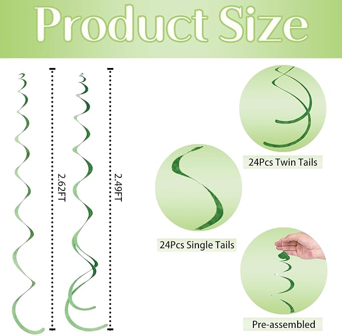 48 Pcs Green Hanging Swirl Party Decorations Olive Green Felt Ceiling Spiral Streamers with Hooks for Birthday Wedding Baby Shower Graduation Christmas St Patrick's Day Holiday Party Supplies