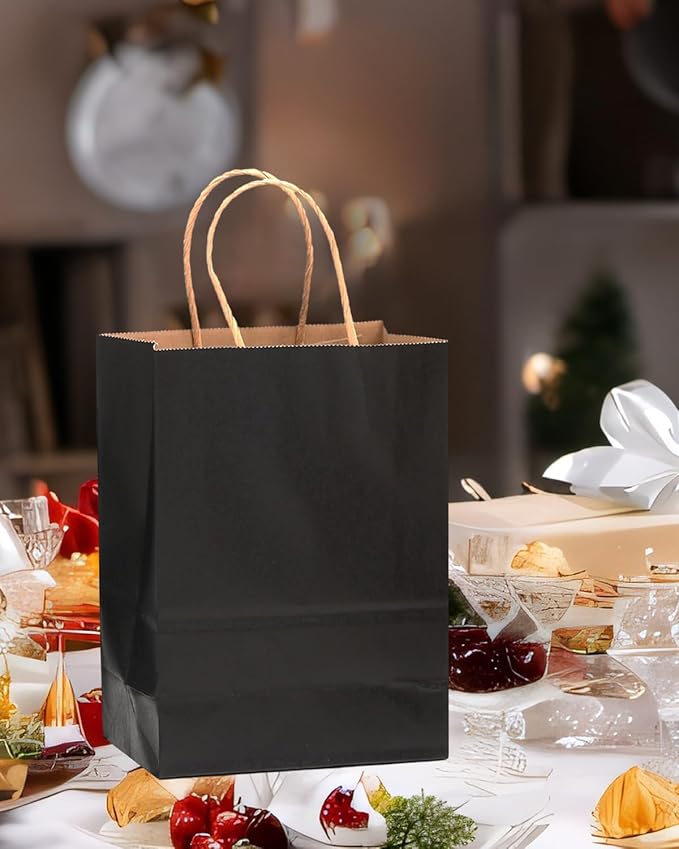 qiqee 100-Packs Black Paper Gift Bags with Handles Bulk 7.6"x4.75"x10.5" Medium Size Gift Bags Multiple Uses