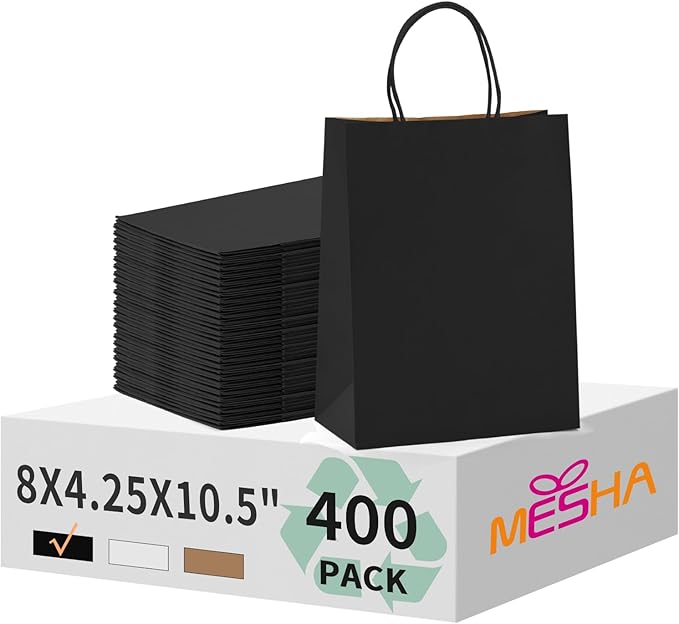MESHA Gift Paper Bags 400 Pack 8X4.25X10.5 Black Medium Shopping Kraft Bags Bulk with Handles Reusable for Business,Grocery,Birthday,Wedding,Kids Party,Favors